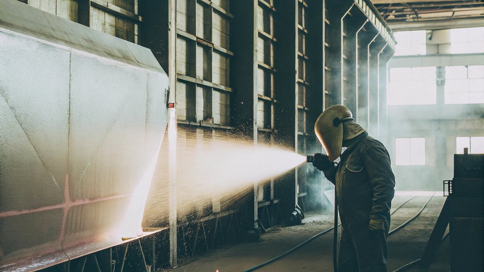 Worker in protective gear performing industrial sandblasting on a large metal surface.