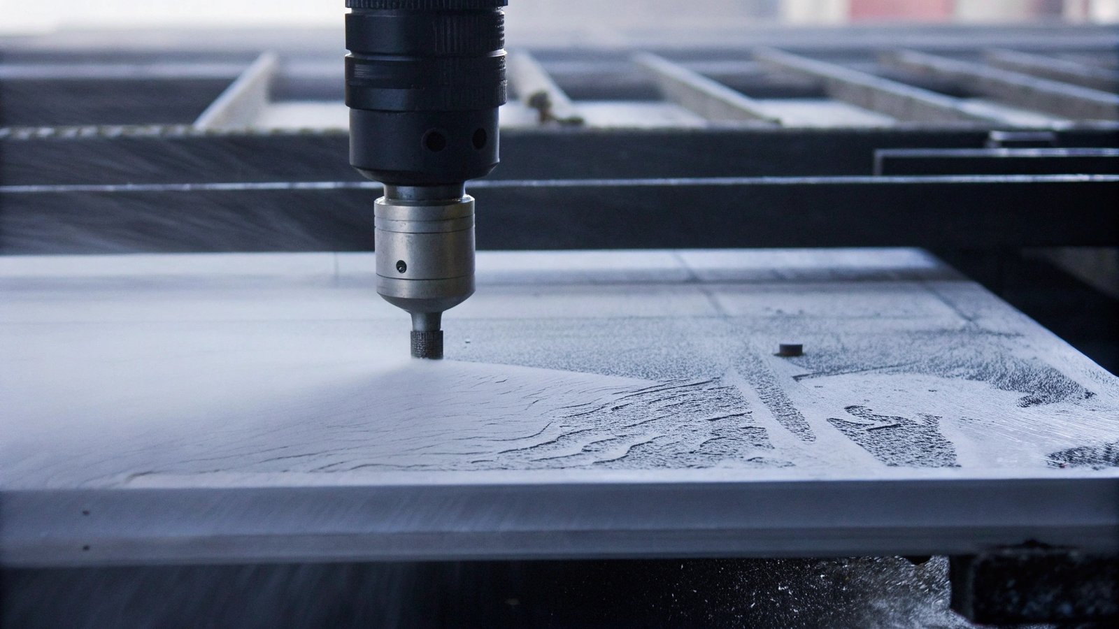 Close-up of an industrial machine performing precise surface treatment on a metal sheet.