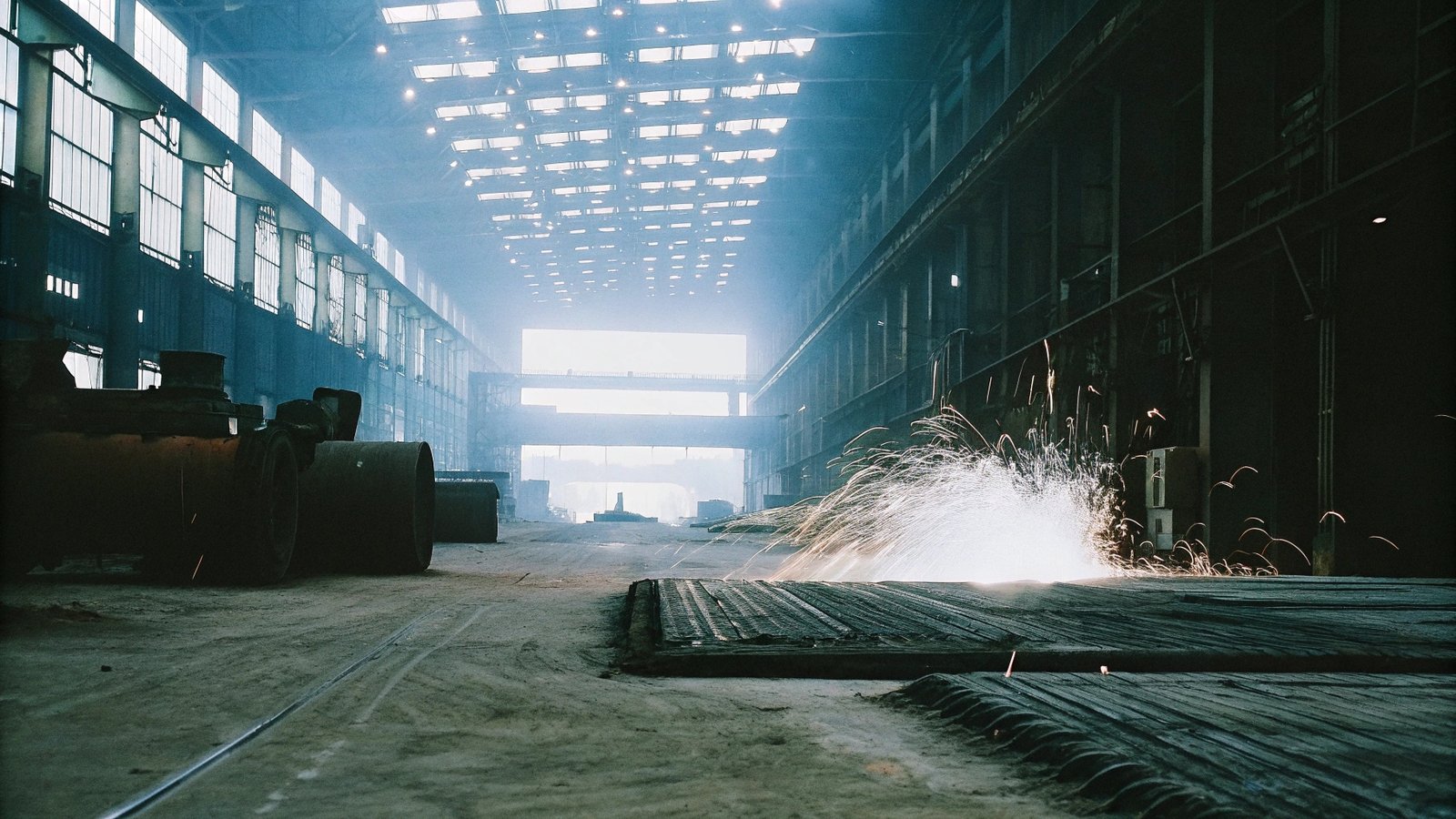 A spacious industrial factory with sunlight streaming through roof windows, featuring metalwork sparks and heavy machinery.