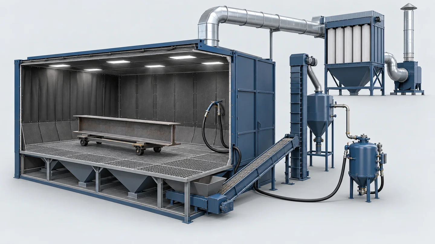 Concept cutaway of an air blast room with a pressure pot, mechanical abrasive recovery and separate ventilation dust collector